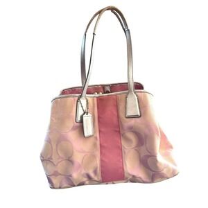 Coach F13328 Pink Signature Canvas Tote w/ Silver Trim & Kiss Lock Compartment